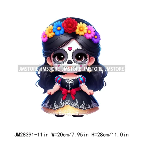 Cute Mexican Day Of The Dead Skeleton Catrina Princess Dolls Iron On DTF Heat Press Transfers Stickers Printing For Clothes