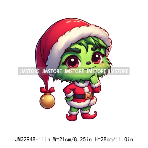 Cute Green Baby Cartoon Santa Claus Christmas Vibes Xmas Holiday Iron On DTF Transfers Stickers Ready To Press For Sweatshirts