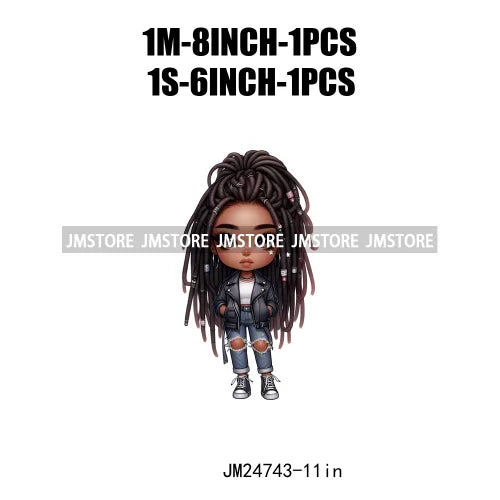 Dreadlocks Coffee Chibi Black Girls Pink Fashion African American Denim Girl Iron On DTF Heat Press Transfer Stickers For Shirts