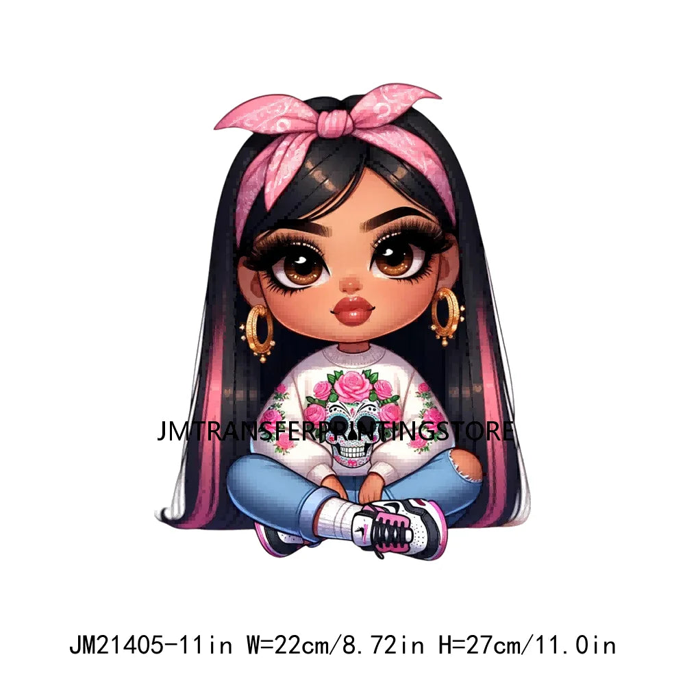 Pink Bow Long Hair Chibi Cute Chicana Doll Girls With Earing Washable Iron On DTF Transfers Stickers Designs For Sweatshirt