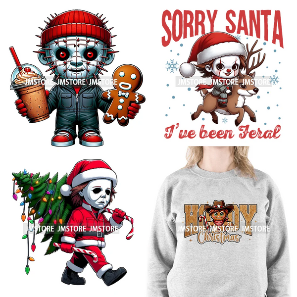 Horror Merry Creepmas Sorry Santa I've Been Feral Howdy Christmas Iron On DTF Transfers Stickers Ready To Press For T-shirts