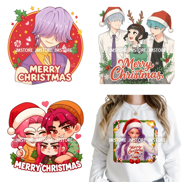 Christmas Kpop Holiday Idol Santa Holly Jolly Merry Christmas Iron on DTF Washable Transfers Stickers Ready to Press for Textile