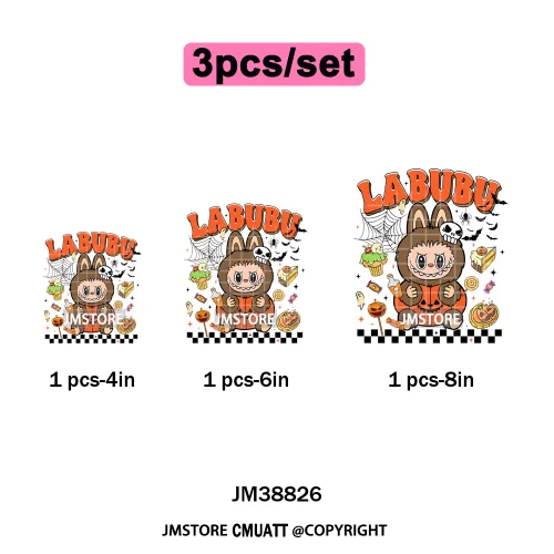 Cute Checkered Spooky Doll Monster Characters Halloween Iron on DTF Washable Heat Transfers Stickers Ready to Press for Textile