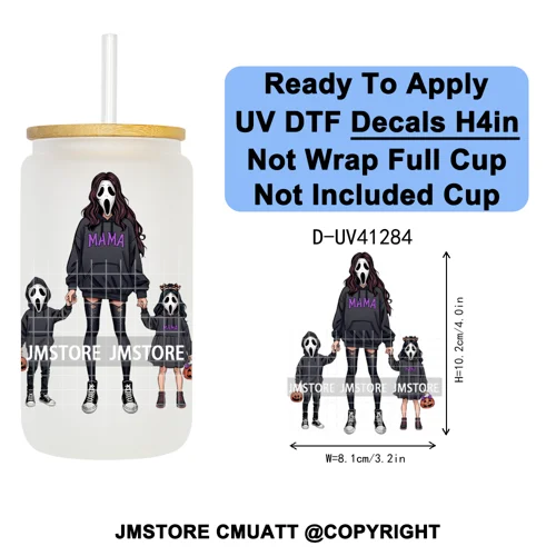 Family Halloween Horror Mama UV DTF Transfer Stickers Decals Ready To Apply Waterproof For 16OZ Libbey Glass Can Cups Tumbler