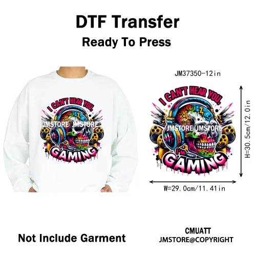 12in Colorful Graffiti Streetwear Skeleton Game Over Iron on DTF Thermal Transfers Stickers Printing Ready to Press for T-shirts