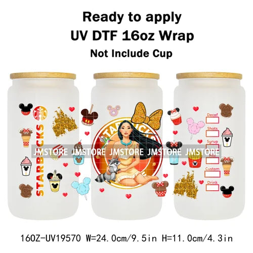 Faux Glitter Coffee Cartoon Princess Girly 16OZ UV DTF Cup Wraps Ready To Apply Waterproof Transfer Sticker For Libbey Glass Can