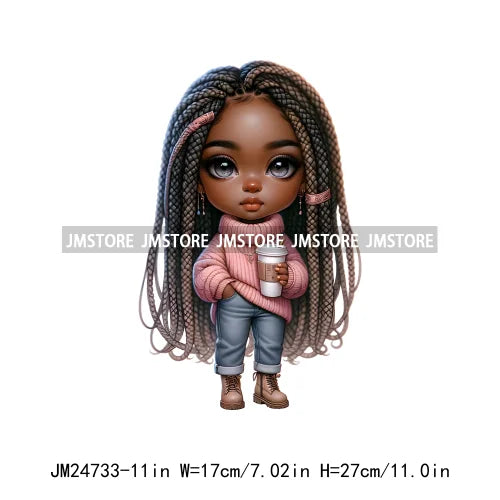 Dreadlocks Coffee Chibi Black Girls Pink Fashion African American Denim Girl Iron On DTF Heat Press Transfer Stickers For Shirts