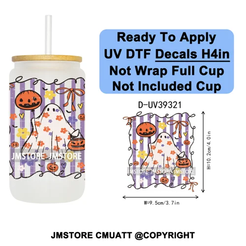 Stay Spooky Halloween Horror Pumpkin Coquette UV DTF Decals Ready To Apply Waterproof Transfer Sticker For 16OZ Libbey Glass Can