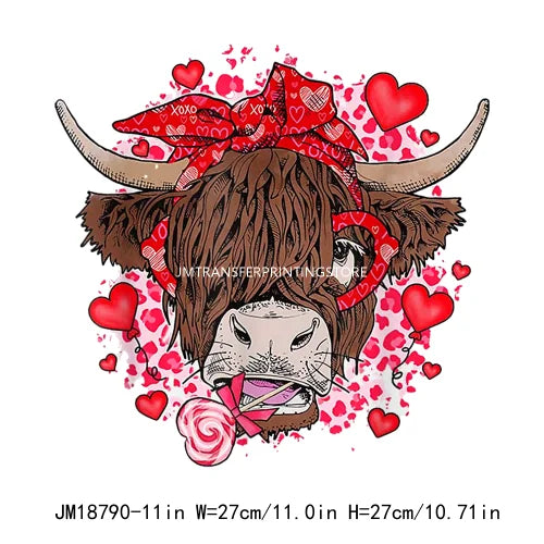 Hot Sale Western Highland Cow Pink Be Mine Heifer Valentine Printing DTF I Love Moo XOXO Heat Transfer Stickers For Hoodies