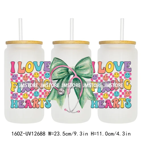 Nurse Life Quotes Coquette Heart Stethoscope Bow 16OZ UV Cup Wrap DTF Transfer Stickers Logo For Libbey Glass Can Cups Tumbler