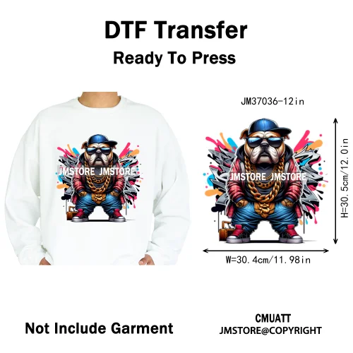 12in Streetwear Vibes Rich Cool Cartoon Bulldog King Designs Washable Iron on DTF Transfers Stickers Ready to Press for Clothes