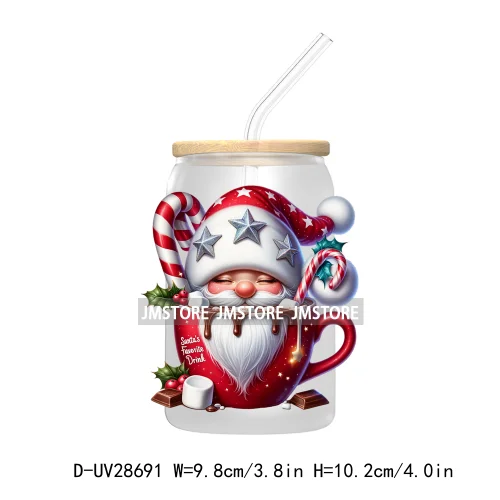 Festive Christmas Gnome Candy Cane UV DTF Transfer Stickers Decals For Libbey Cold Cups Mugs Tumbler Labels Cartoon Characters