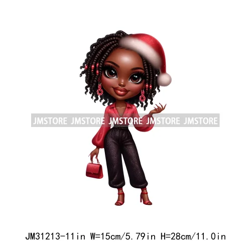 Merry And Bright Melanin Christmas Winter Festive Cheer Santa Woman Iron On DTF Transfer Stickers Ready To Press For Sweatshirts