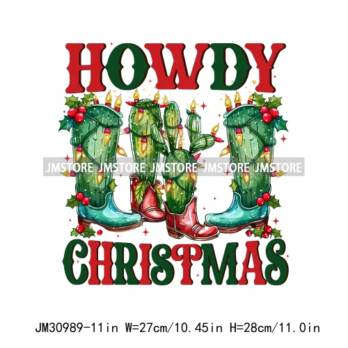 Howdy Christmas Cheer Vibes Coquette Western Country Cowgirl Boots Iron On DTF Transfer Stickers Ready To Press For Clothes Bags