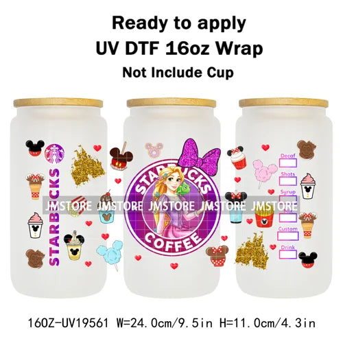Faux Glitter Coffee Cartoon Princess Girly 16OZ UV DTF Cup Wraps Ready To Apply Waterproof Transfer Sticker For Libbey Glass Can