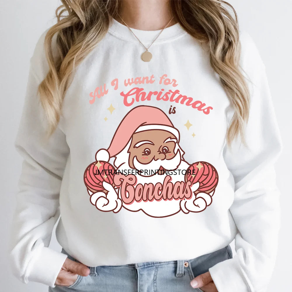 Mexican Latin Love Christmas Holiday Printing Logos Iron On DTF Santa Conchas Pan Dulce Transfer Stickers For Sweatshirt Bags