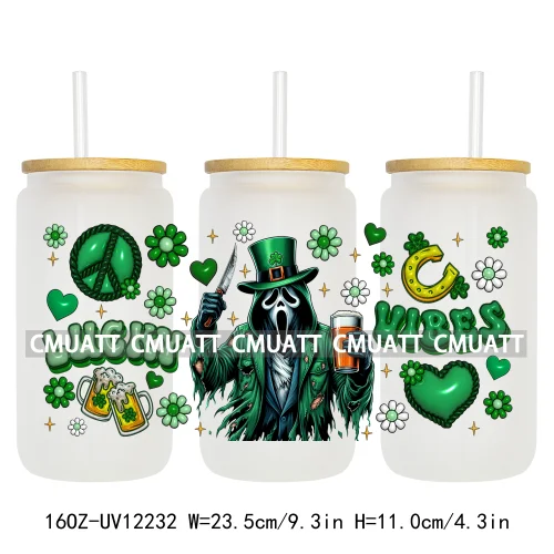 Cartoon Princess Girls St Patricks' Day Lucky Vibes 16OZ UV DTF Cup Transfer Wrap Sticker Waterproof Logos For Libbey Glass Can