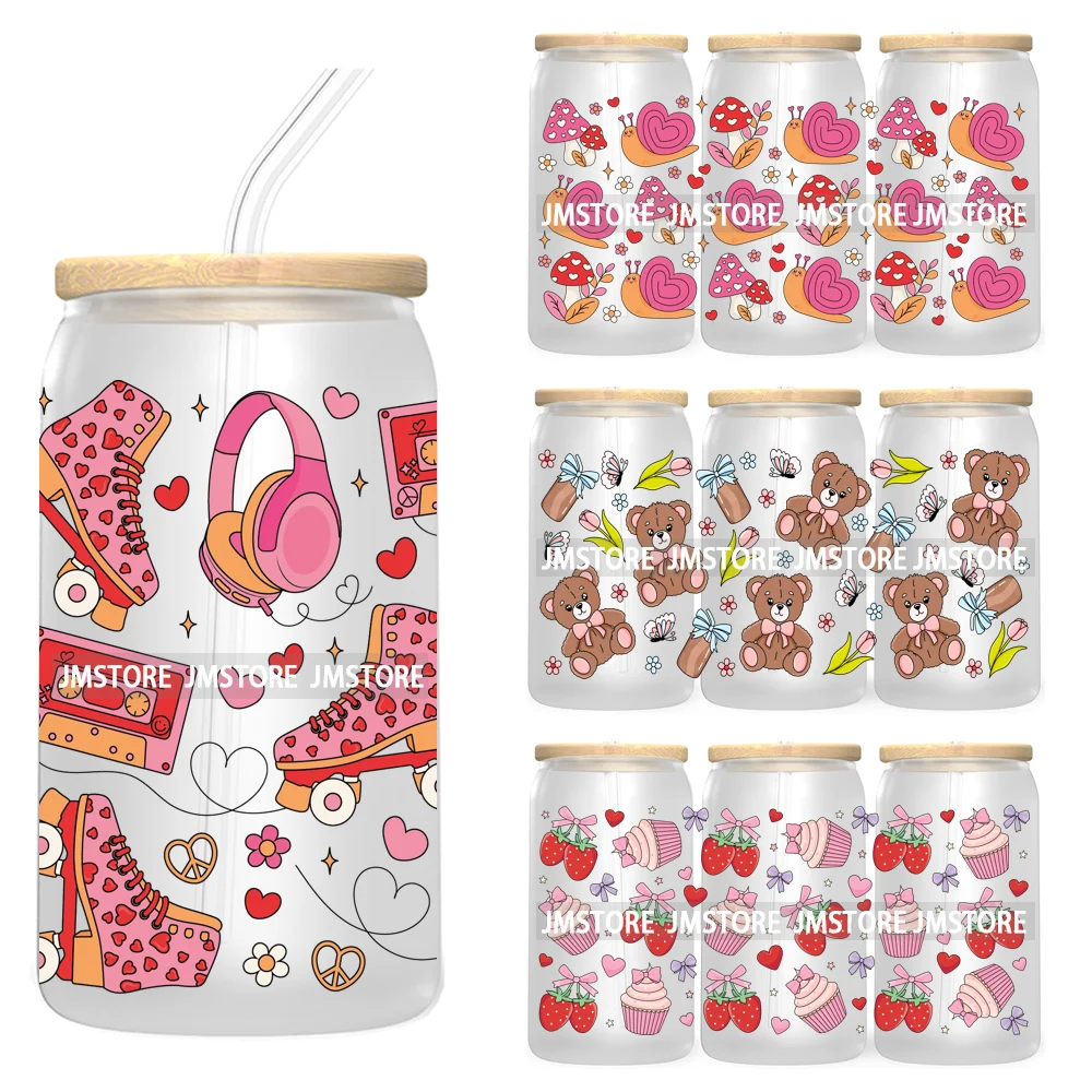 Trendy Girly Coquette Cherry Bow Valentines Gift Bears UV DTF Cup Wrap Transfer Stickers For 16OZ Libbey Glass Can Custom Logo