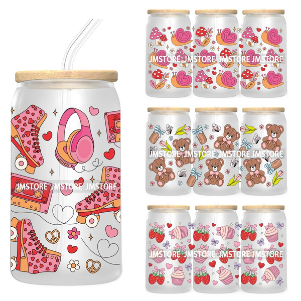 Trendy Girly Coquette Cherry Bow Valentines Gift Bears UV DTF Cup Wrap Transfer Stickers For 16OZ Libbey Glass Can Custom Logo