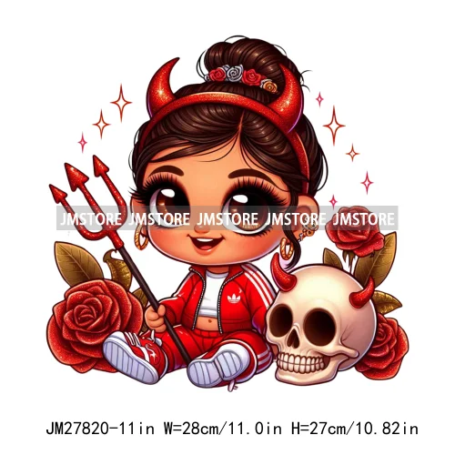 Chibi Cute Halloween Devil Latina Baby Hispanic Girls Skull Red Rose DTF Iron On Transfer Stickers Ready To Press For Sweatshirt