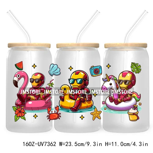 Hero Cartoon Summer Vacation 16OZ UV DTF Cup Wrap Transfers Stickers Custom Labels Durable Waterproof Logo For Libbey Glass Can