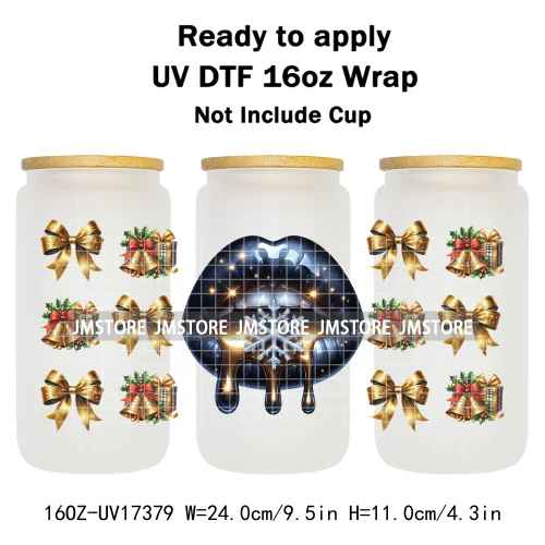 Colorful Christmas Lips Holiday Gifts Xmas Balls UV DTF Wraps Transfer Sticker Waterproof Logo For 16OZ Libbey Glass Can Tumbler
