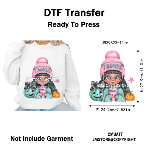 Pink Sweater Hat Coffee Girls Ghost Animal Pumpkin Halloween Iron on DTF Washable Transfers Stickers Ready to Press for Textile