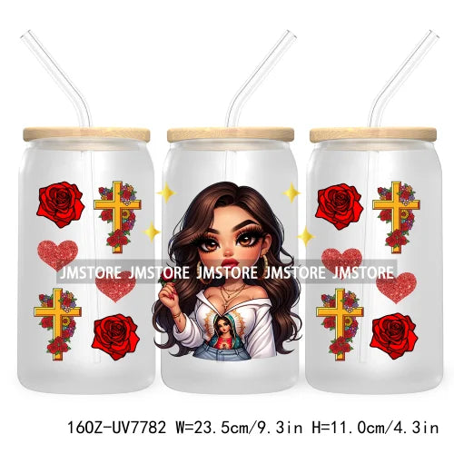 Beautiful Chicana Latina Woman Rose 16OZ UV DTF Cup Wrap Transfers Stickers For Libbey Glass Can Cups Tumbler Waterproof Craft