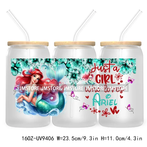 Just A Girl Who Loves Cartoon Princess 16OZ UV Cup Wrap DTF Transfer Stickers For Libbey Glass Can Cups Tumbler Waterproof Label