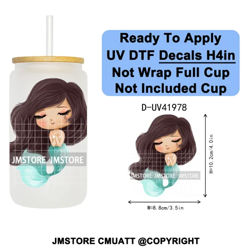 Cute Little Mermaid Cartoon Princess Festive UV DTF Transfer Stickers Decals Ready To Apply Waterproof For 16OZ Libbey Glass Can