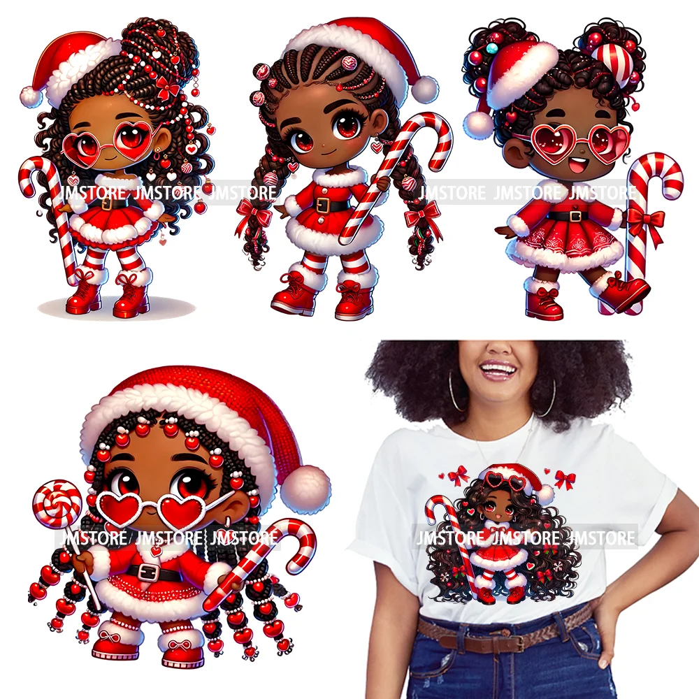 Chibi Candy Santa Girl African American Characters Merry Christmas Gift Iron On DTF Transfer Stickers Ready To Press For Clothes