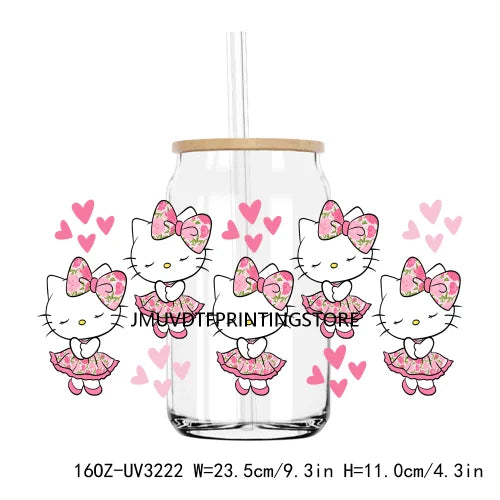 Cartoon Hello Girl Cat Valentine's Day UV DTF Sticker For 16OZ Libbey Glass Cup Can Wrap Transfer Sticker Custom Labels DIY Logo