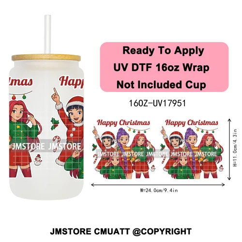 Kpop Demon Inspired Movie Christmas Santa Hat 16OZ UV DTF Cup Wrap Ready To Apply Durable Transfer Stickers For Libbey Glass Can