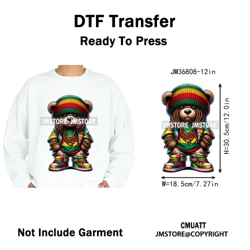 12in Cartoon Gangster Hip Hop Streetwear Teddy Bear Lover Designs Iron on DTF Heat Transfers Stickers Ready to Press for Hoodies