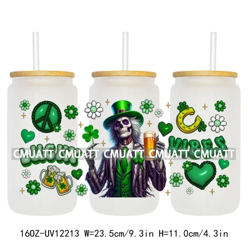 Cartoon Princess Girls St Patricks' Day Lucky Vibes 16OZ UV DTF Cup Transfer Wrap Sticker Waterproof Logos For Libbey Glass Can