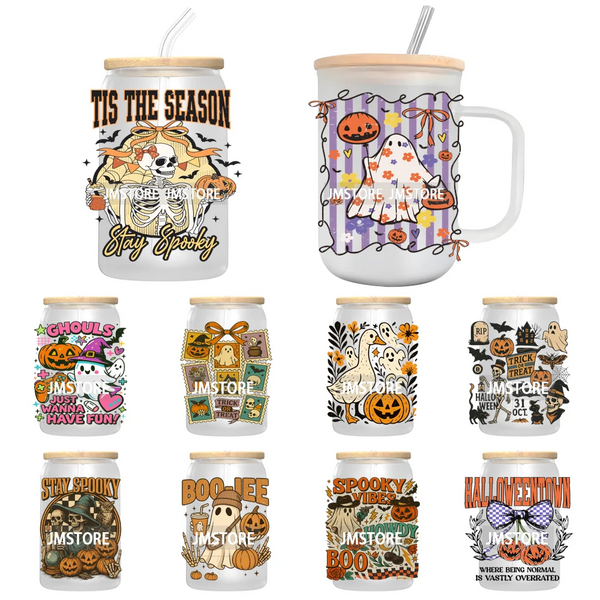 Stay Spooky Halloween Horror Pumpkin Coquette UV DTF Decals Ready To Apply Waterproof Transfer Sticker For 16OZ Libbey Glass Can