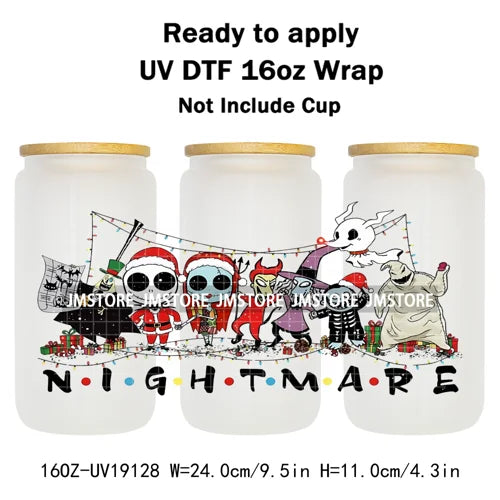 Horror Christmas Nightmare Character UV DTF Wrap Transfer Sticker Selfadhesive Waterproof High Quality For 16OZ Libbey Glass Can