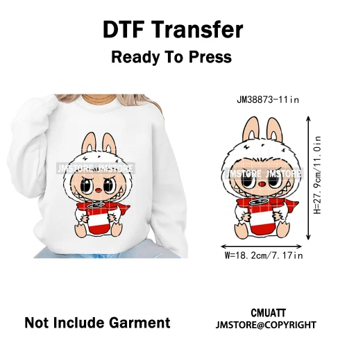 Coquette Bow Monster Doll Drinking Soda Bottle Thermal Printing Iron on DTF Washable Transfer Sticker Ready to Press for Clothes