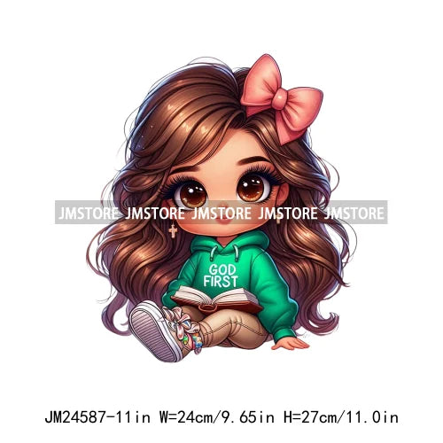 God First Chibi Cute Brown Hair Latina Dolls Baby Girls Coquette Bow Iron On DTF Transfer Stickers Ready To Press For Hoodies