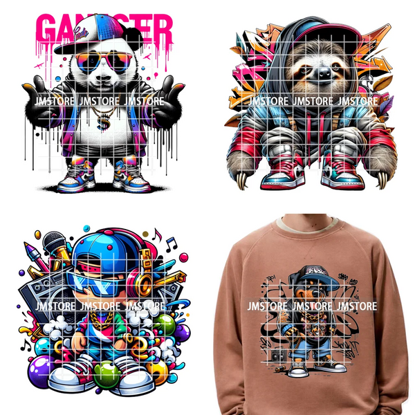 12in Colorful Gangster Urban Hip Hop Music Panda Dog Animal Lover Iron on DTF Heat Transfer Stickers Ready to Press for Clothing