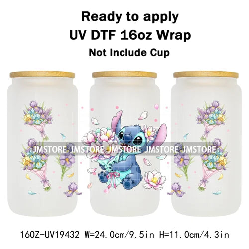 Cartoon Holding Bouquet Flowers UV DTF Cup Wrap Ready To Apply Transfer Stickers Durable 16OZ Tumbler Wraps For Libbey Glass Can