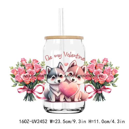 Valentine's Day Animals With Rose 16OZ UV DTF Cup Wrap Transfers Stickers Custom Labels DIY Waterproof Logo For Libbey Glass Can