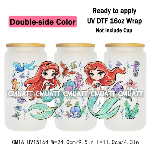 Double Sided Color UV DTF Cup Wraps 16OZ Bulk Waterproof Wholesale Custom Cartoon Cute Princess Mug Glass Water Bottles Sticker