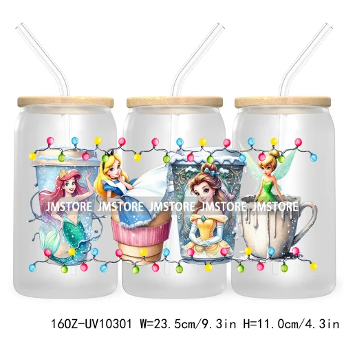 Princess Christmas Cartoon Friends 16OZ UV Cup Wrap DTF Transfer Stickers For Libbey Glass Can Cups Tumbler Magical Kingdom Vibe