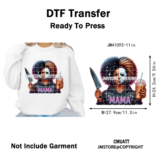 Horror Afro Mama Coffee Lover Scary Girly Killer Halloween Movie Iron on DTF Transfers Stickers Ready to Press for Textile Bags