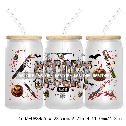 Halloween Characters 16OZ UV DTF Cup Wrap Transfer Sticker Custom Label Waterproof Logo For Libbey Glass Can Spooky Horror Movie