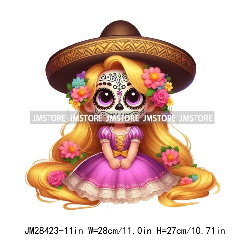 Colorful Day Of The Dead Catrina Princess Baby Girl Sombrero Hat Mexico Conchas Iron On DTF Heat Transfers Stickers For Clothing