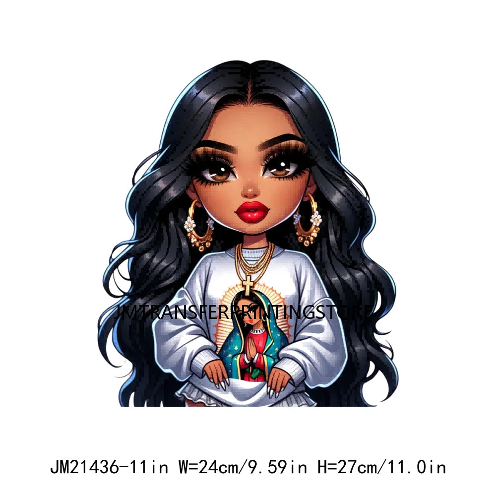 Chibi Cute Chicana Doll Guadalupe Lady Skull Latina Woman Cold Peel Decals Iron On DTF Transfers Stickers For Shirts Bags Pillow