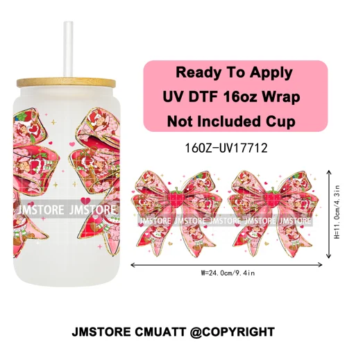 90s Cartoon Strawberry Characters Coquette Bow 16OZ UV DTF Cup Wraps Ready To Apply Transfer Stickers For Libbey Glass Can Mugs
