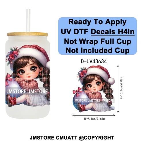 Chibi Cute Mexican Christmas Baby Girl UV DTF Decals Ready To Apply Waterproof Transfer Stickers For 16OZ Libbey Glass Can Mugs